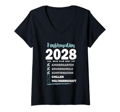 Damen Konfirmation 2028 Geschenk Lustiges Shirt Checkliste Plan T-Shirt mit V-Ausschnitt Damen Konfirmation 2028 Geschenk Lustiges Shirt Checkliste Plan T-Shirt mit V-Ausschnitt von Colles Konfirmation Geschenk Idee Christentum