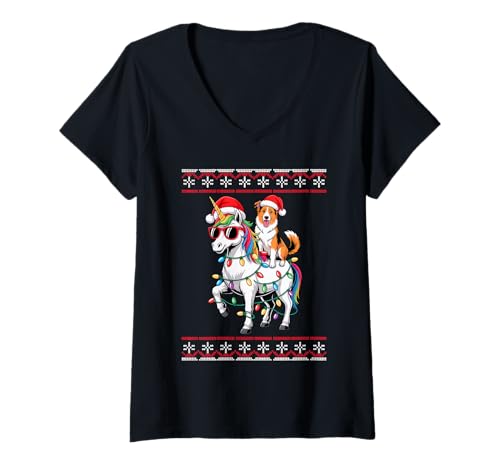 Damen Christmas Collie Unicorn Sunglasses Collies T-Shirt mit V-Ausschnitt Damen Christmas Collie Unicorn Sunglasses Collies T-Shirt mit V-Ausschnitt von Collie Lover Gifts