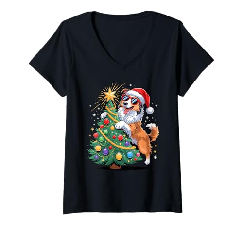 Damen Christmas Tree Collie Sunglasses Collies T-Shirt mit V-Ausschnitt Damen Christmas Tree Collie Sunglasses Collies T-Shirt mit V-Ausschnitt von Collie Lover Gifts