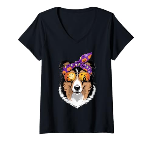 Damen Halloween Bandana Collie Collies T-Shirt mit V-Ausschnitt von Collie Lover Gifts