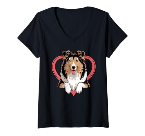 Damen Heart Collie Glasses Collies T-Shirt mit V-Ausschnitt Damen Heart Collie Glasses Collies T-Shirt mit V-Ausschnitt von Collie Lover Gifts