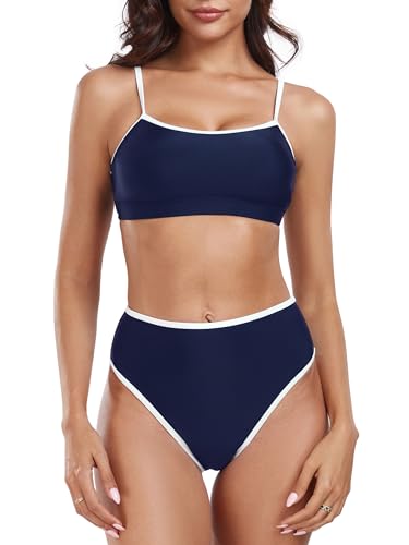 Colloyes Damen-Bikini-Set mit hoher Taille, Farbblock-Badeanzüge, U-Ausschnitt, zweiteiliger Badeanzug, Marineblau, Medium Colloyes Damen-Bikini-Set mit hoher Taille, Farbblock-Badeanzüge, U-Ausschnitt, zweiteiliger Badeanzug, Marineblau, Medium von Colloyes