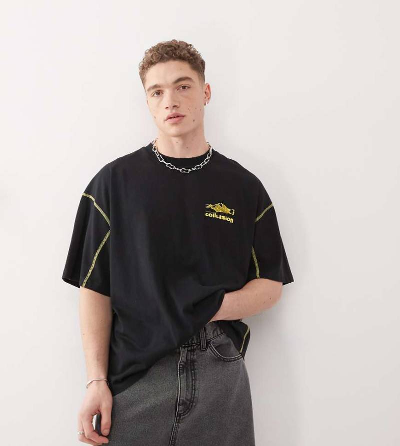 COLLUSION - Bedrucktes Oversize-T-Shirt in Schwarz mit Flachstich-Ziernaht von Collusion