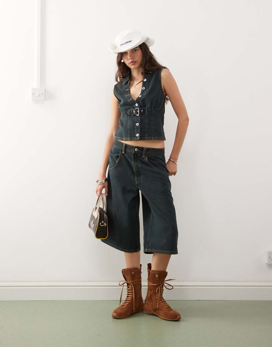 COLLUSION - Festival-Jorts in grüner Waschung mit niedrigem Bund, Kombiteil von Collusion