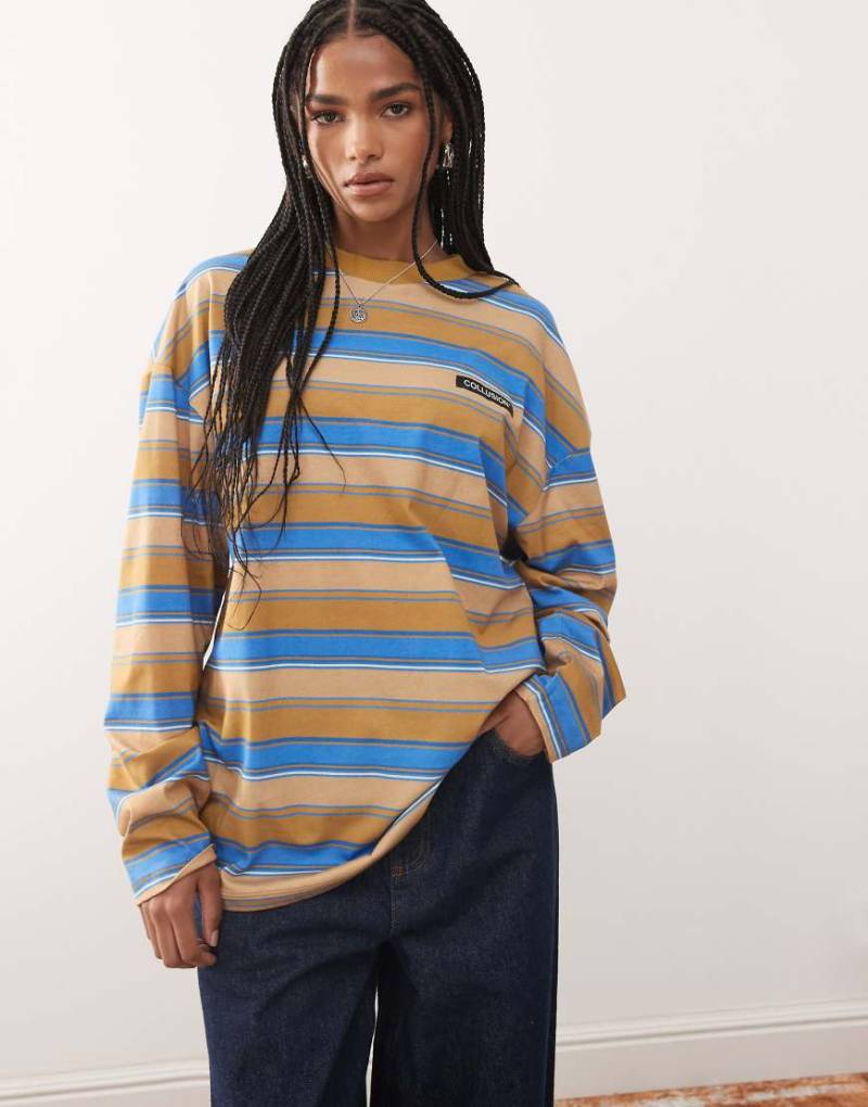 COLLUSION - Gestreiftes Anti-Fit-T-Shirt in Braun und Blau mit Logo-Aufnäher-Bunt von Collusion