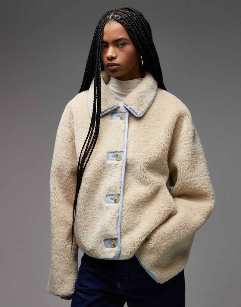 COLLUSION - Jacke aus Lammfellimitat mit kontrastierendem Kragen aus Wildlederimitat-Neutral von Collusion