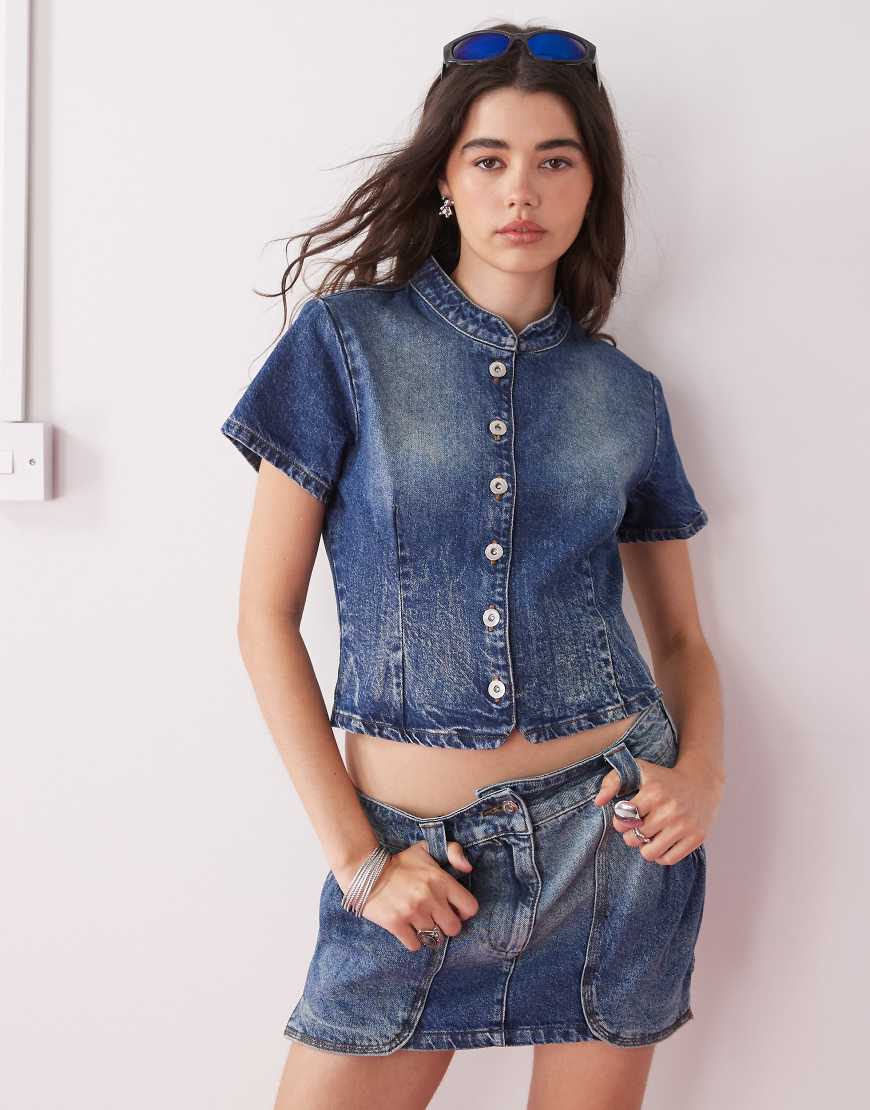 COLLUSION - Jeanshemd im Festival-Stil in Vintage-Waschung mit durchgehender Knopfleiste, Kombiteil-Blau COLLUSION - Jeanshemd im Festival-Stil in Vintage-Waschung mit durchgehender Knopfleiste, Kombiteil-Blau von Collusion