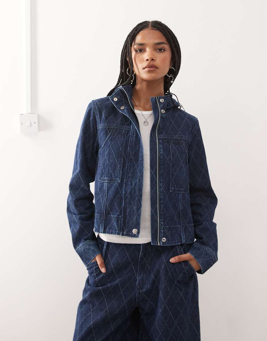 COLLUSION - Jeansjacke in Rinse-Waschung mit Kapuze und Rautenmuster-Marineblau von Collusion
