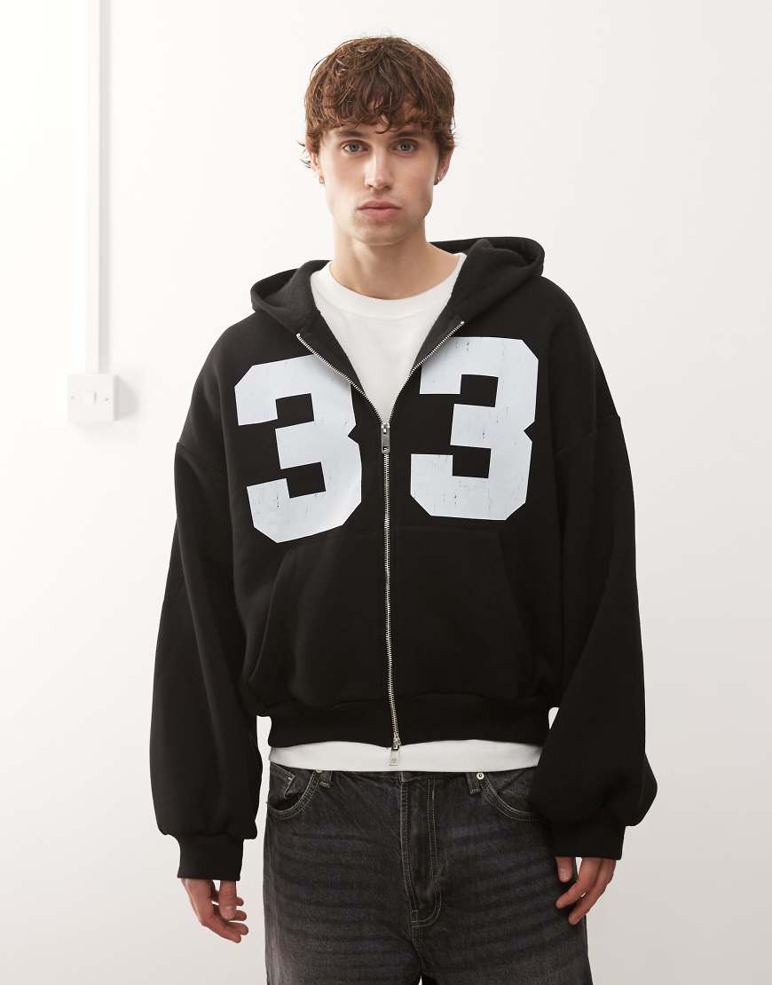 COLLUSION - Kastige Kapuzenjacke in Schwarz mit durchgehendem Reißverschluss und Nummerngrafik von Collusion