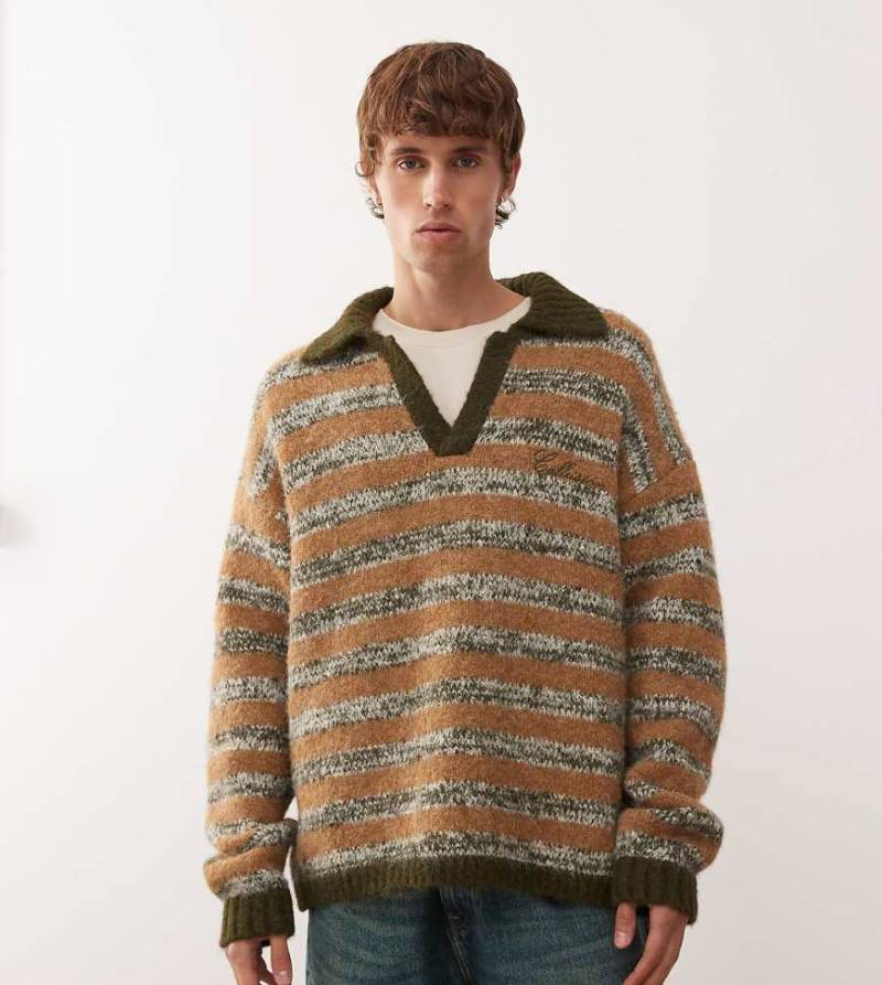 COLLUSION - Kastiger Strickpullover mit Kragen und Streifen in Braun-Gelb von Collusion