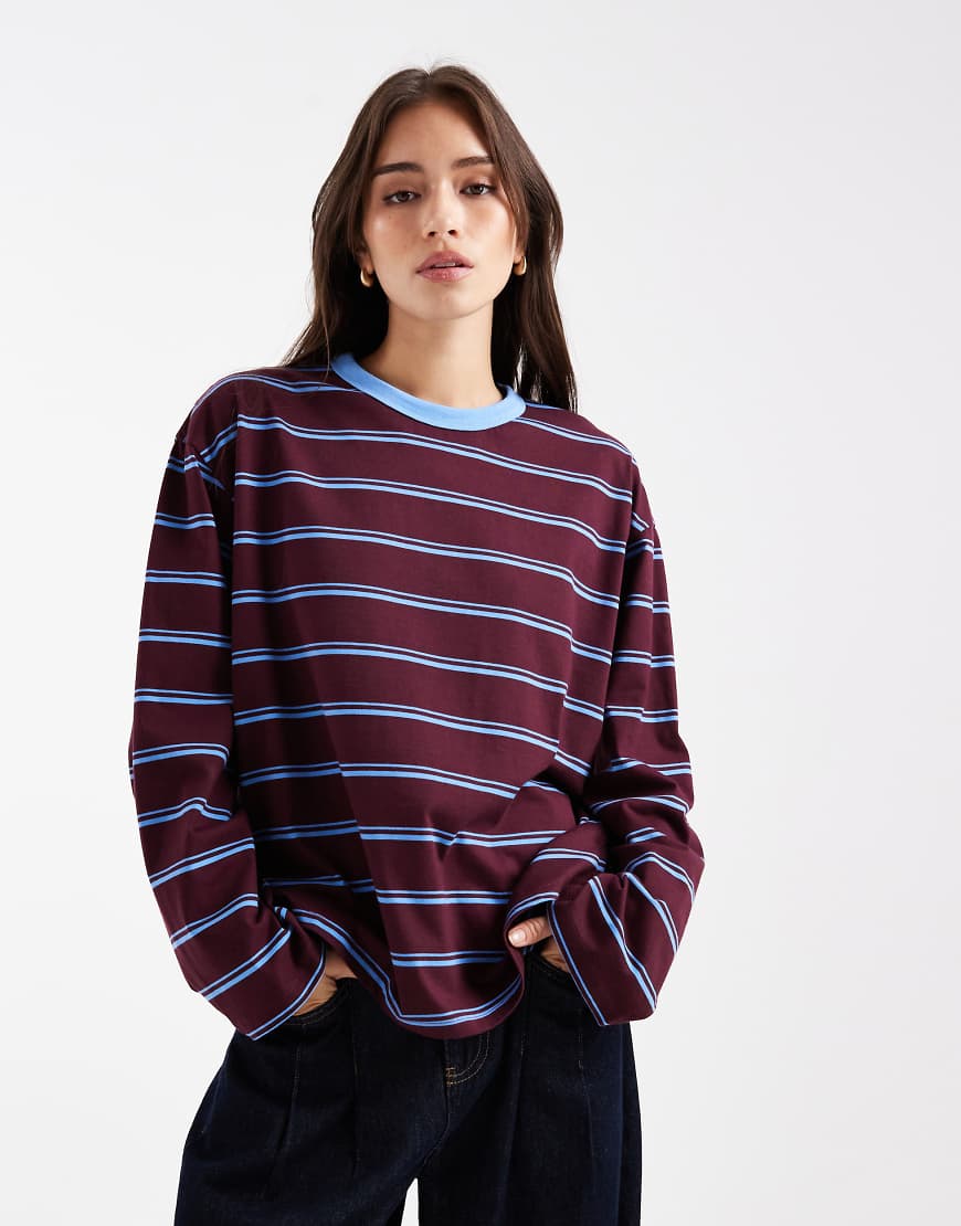 COLLUSION - Langärmliges T-Shirt in Blau gestreift mit kontrastierendem Ausschnitt-Bunt von Collusion