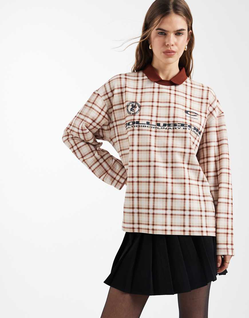 COLLUSION - Oversize-Sweatshirt mit Polokragen und neutralem Karomuster-Brown von Collusion