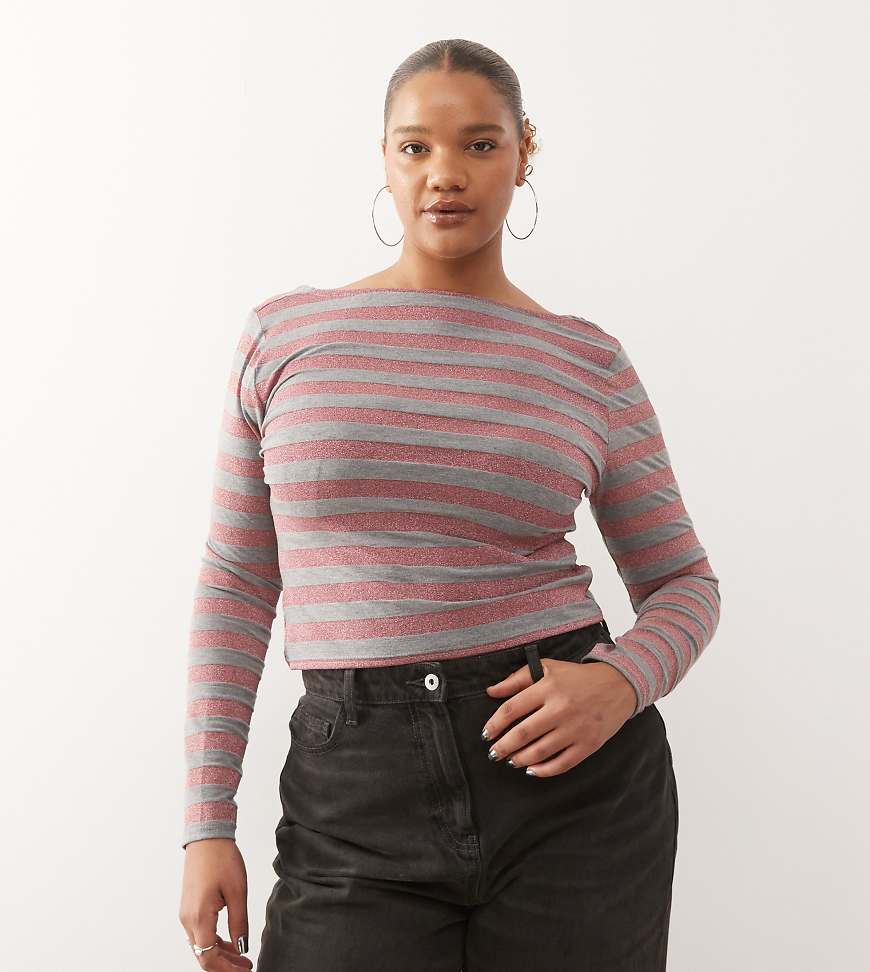 COLLUSION Plus - Gestreiftes Oberteil mit rosa Glitzerstreifen und U-Boot-Ausschnitt-Bunt von Collusion