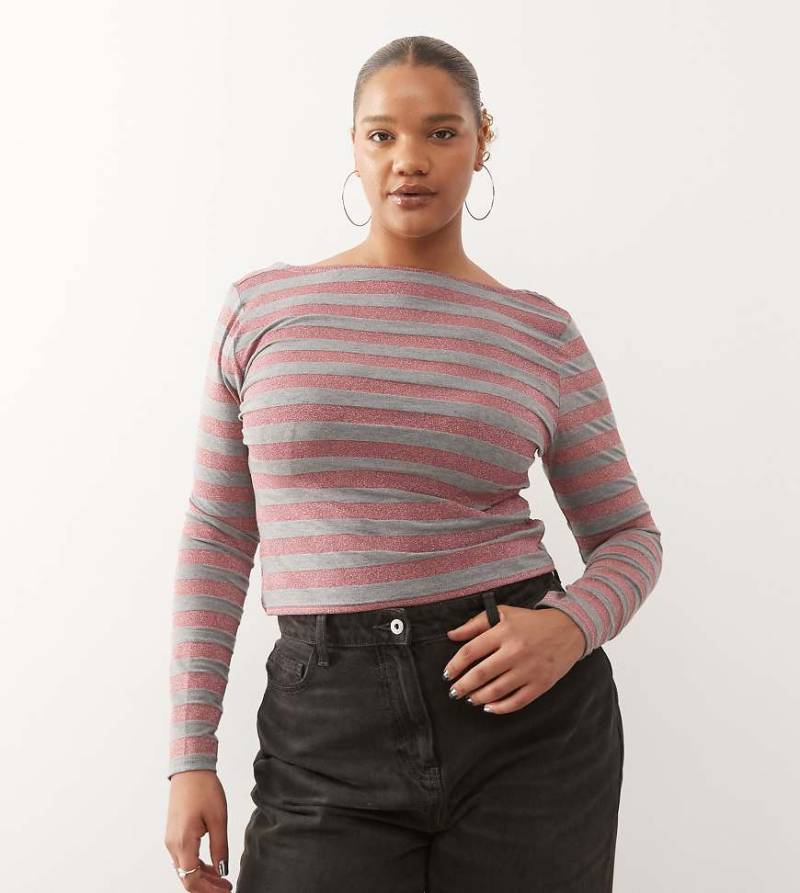 COLLUSION Plus - Gestreiftes Oberteil mit rosa Glitzerstreifen und U-Boot-Ausschnitt-Bunt von Collusion