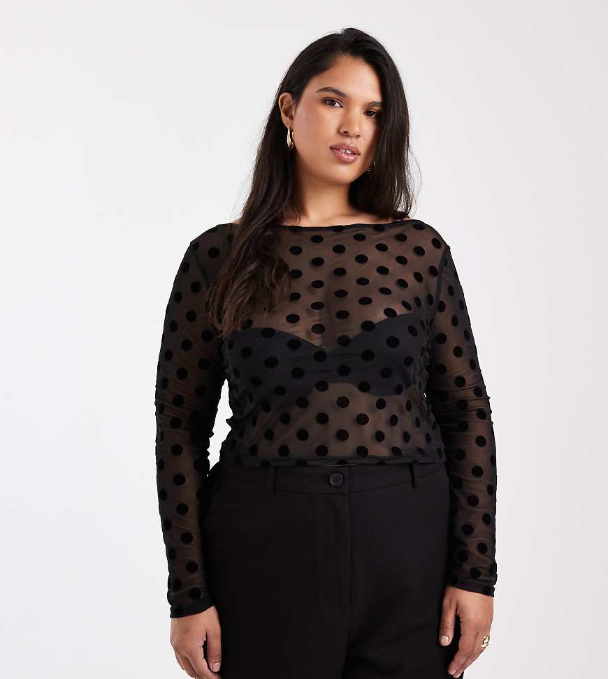 COLLUSION Plus - Langärmliges Oberteil mit U-Boot-Ausschnitt und beflocktem Polka-Dot-Muster-Schwarz von Collusion