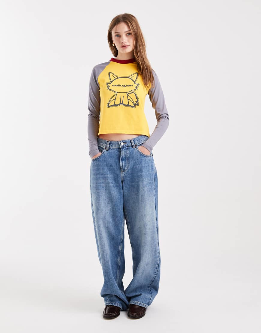 COLLUSION - Raglan-T-Shirt in Gelb mit Katzenillustrations-Grafik-Bunt von Collusion