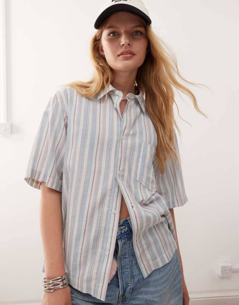 COLLUSION - Kastige Hemdbluse mehrfarbig gestreifter Leinen-Optik-Rosa von Collusion