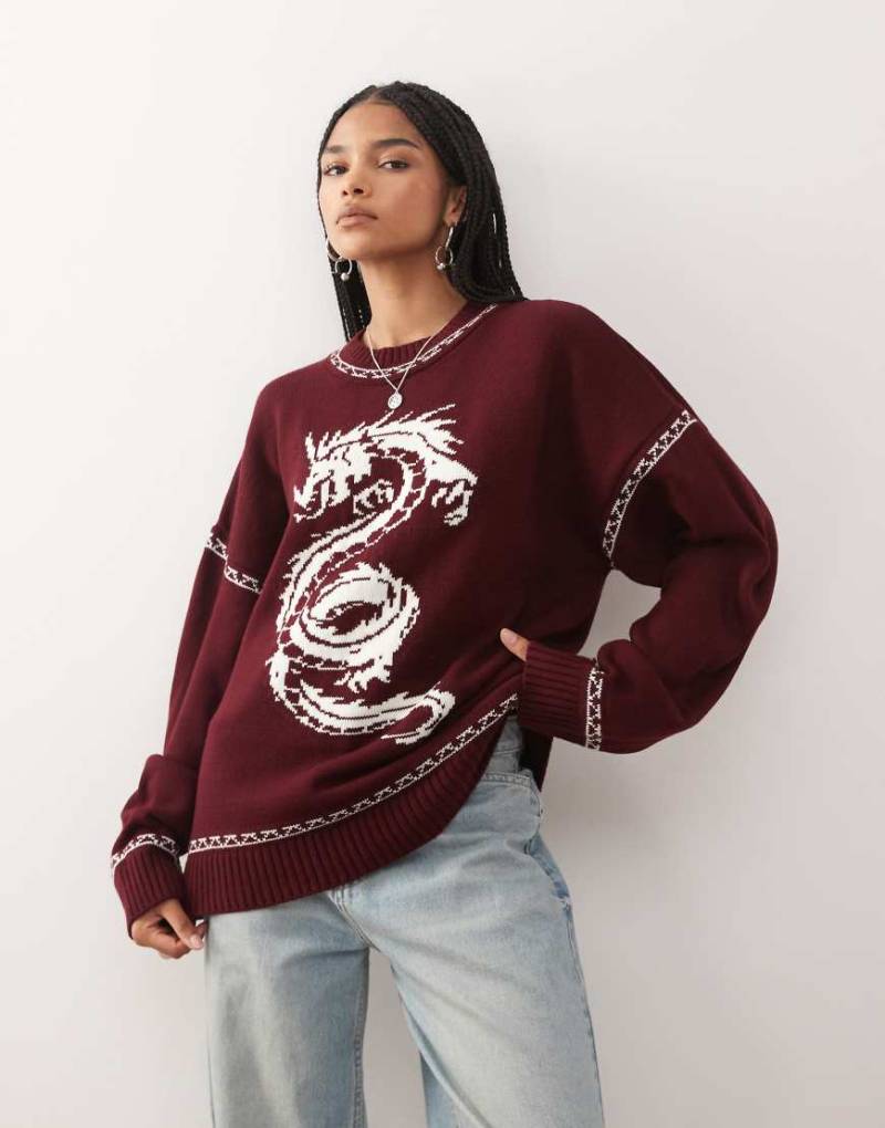COLLUSION - Strickpullover in Burgunderrot mit Drachenmotiv von Collusion