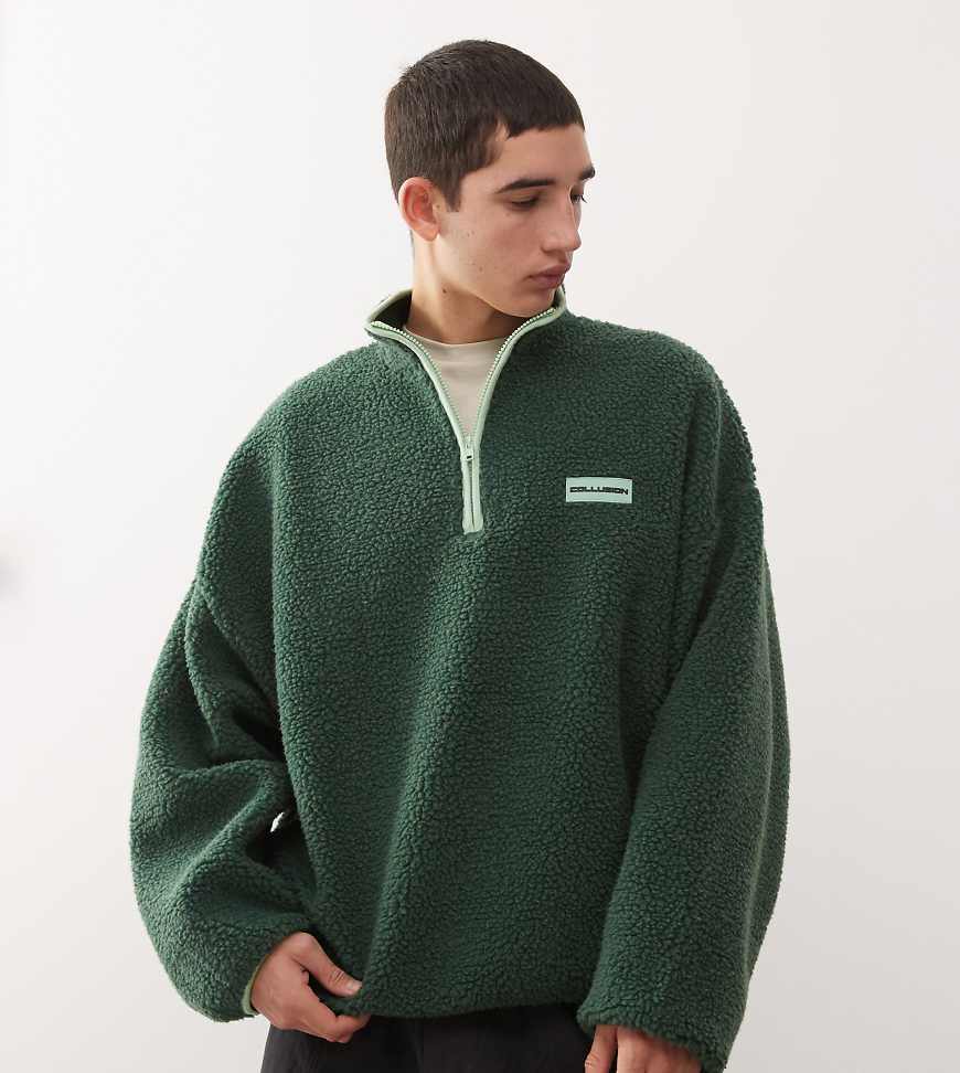 COLLUSION - Sweatshirt aus Teddyfleece in Grün mit halblangem Reißverschluss von Collusion