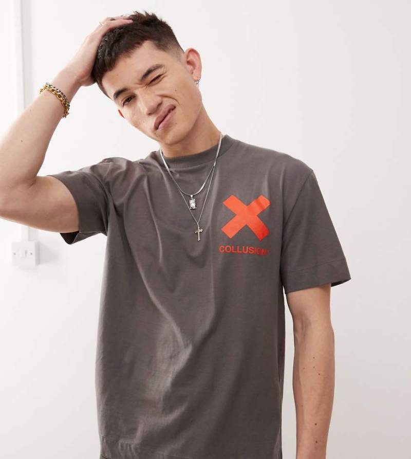 COLLUSION - T-Shirt in Anthrazit mit orangem Print und X-Logo-Grau von Collusion