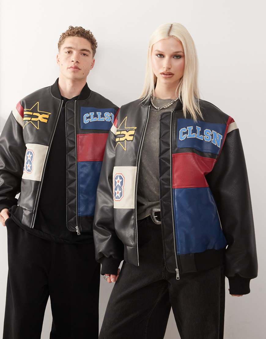 COLLUSION - Unisex - Bomberjacke in Schwarz mit Patchwork-Leder-Optik von Collusion