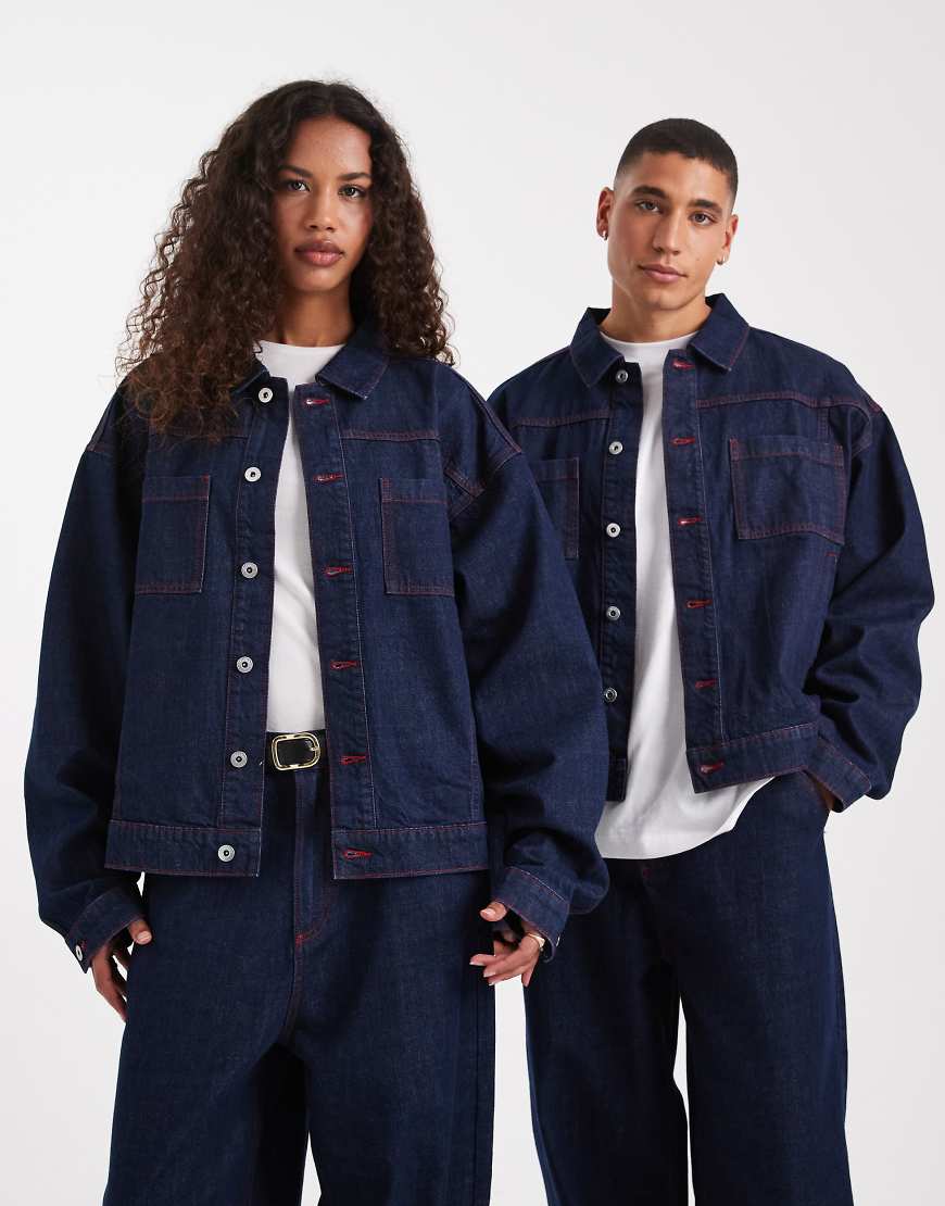 COLLUSION Unisex - Circular Design Collection - Kastige Jeansjacke mit Rinse-Waschung-Marineblau von Collusion