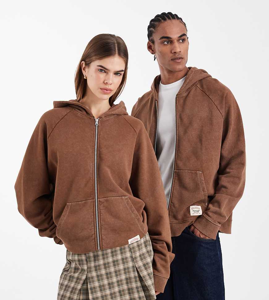 COLLUSION Unisex - Circular Design Collection - Schwere, kastige Kapuzenjacke in verwaschenem Braun-Brown von Collusion