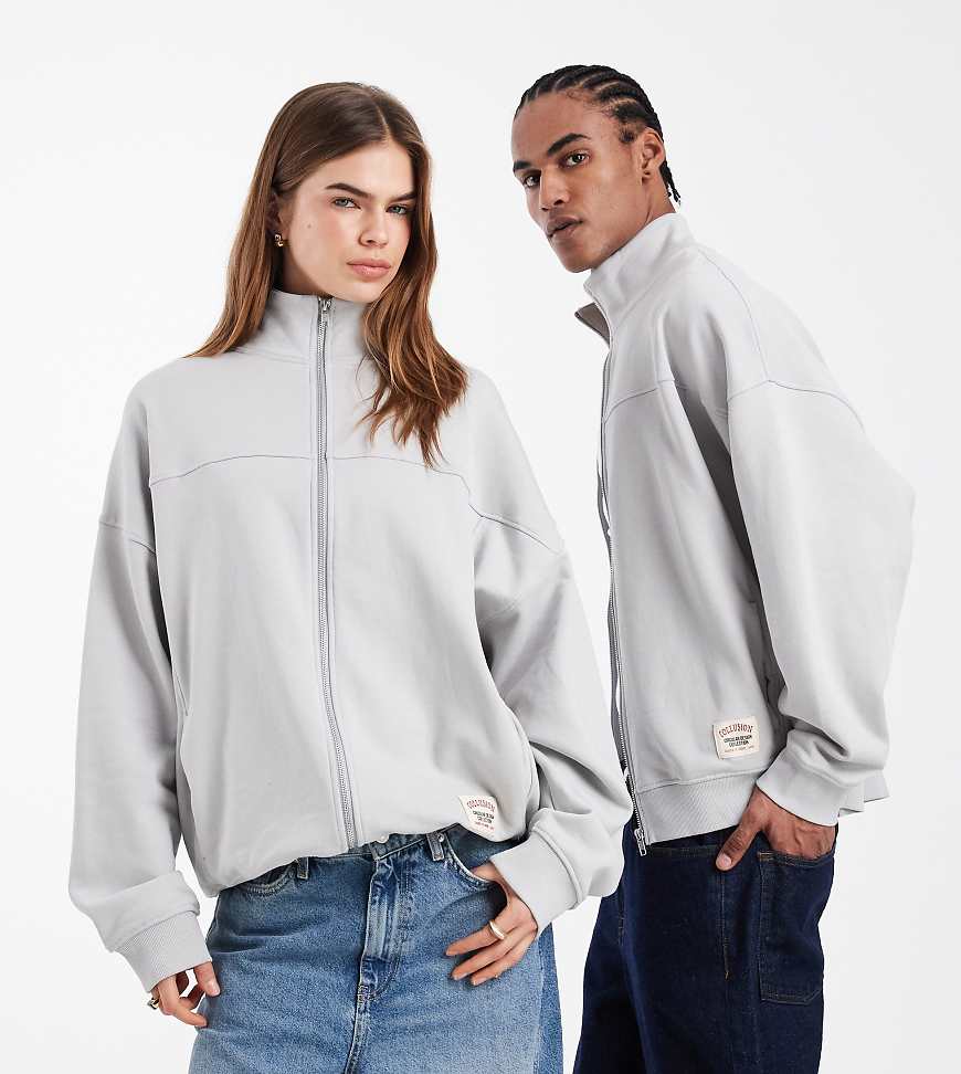 COLLUSION Unisex - Circular Design Collection - Schweres, kastiges Sweatshirt in Hellgrau mit durchgehendem Reißverschluss und Stehkragen von Collusion