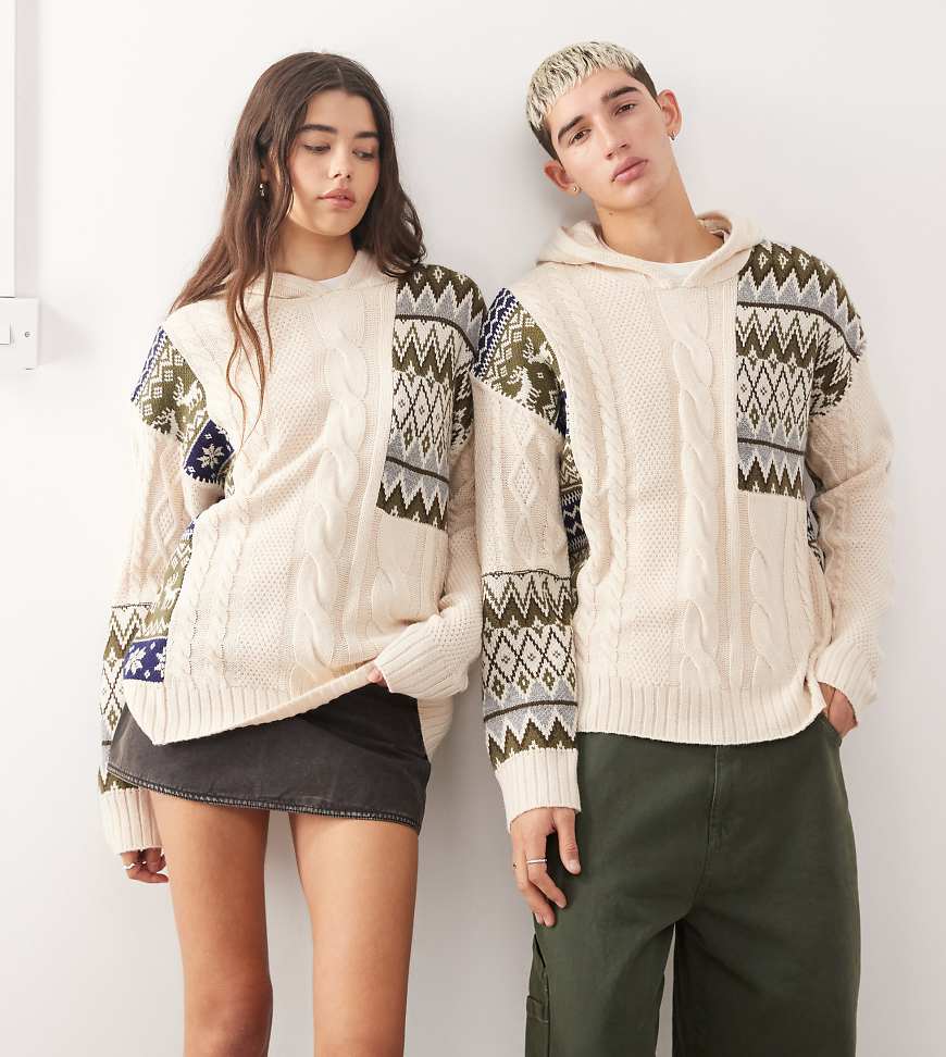 COLLUSION Unisex - Gestrickter Kapuzenpullover mit Zopfmuster und geteiltem Norwegermuster-Bunt COLLUSION Unisex - Gestrickter Kapuzenpullover mit Zopfmuster und geteiltem Norwegermuster-Bunt von Collusion