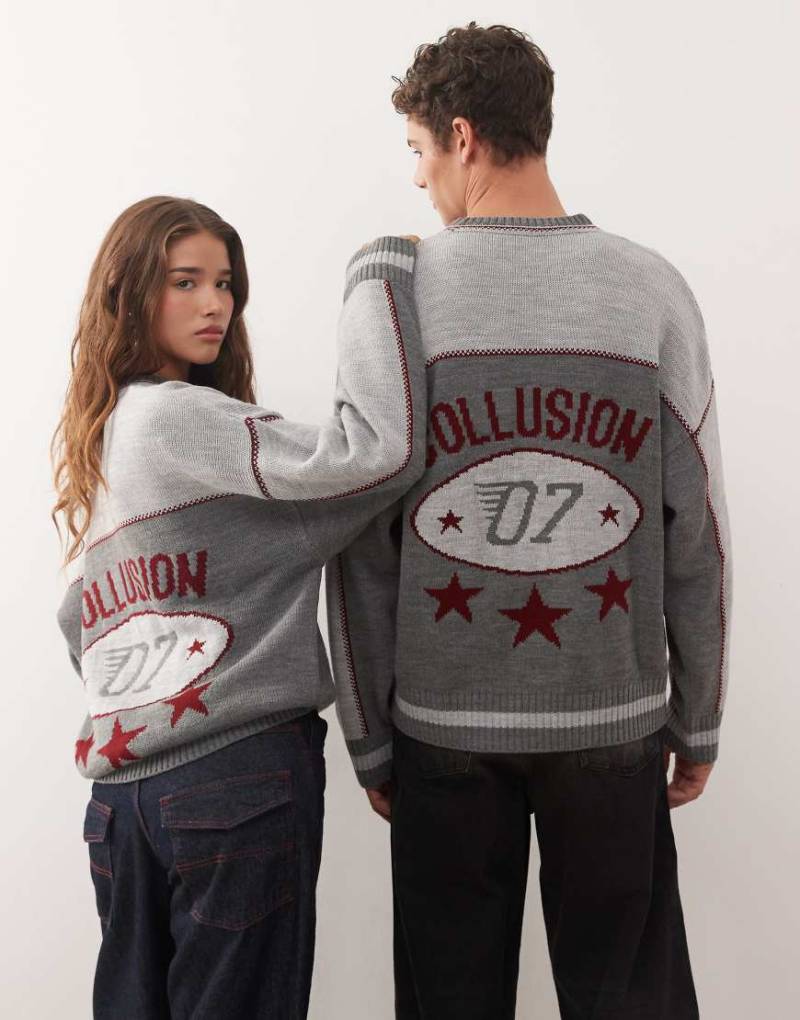 COLLUSION Unisex - Gestricktes Sweatshirt mit Racer-Motiv-Grau von Collusion