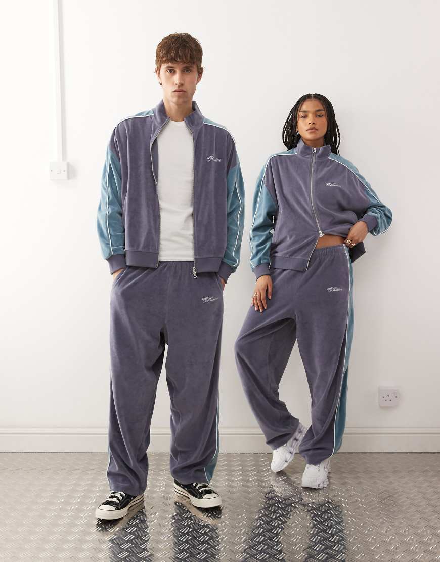 COLLUSION Unisex - Jogginghose aus Velours in Lila und Blau, Kombiteil-Grau von Collusion