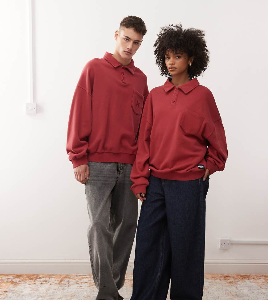 COLLUSION Unisex - Kastenförmiges Polo-Sweatshirt in Rot mit Waschung von Collusion