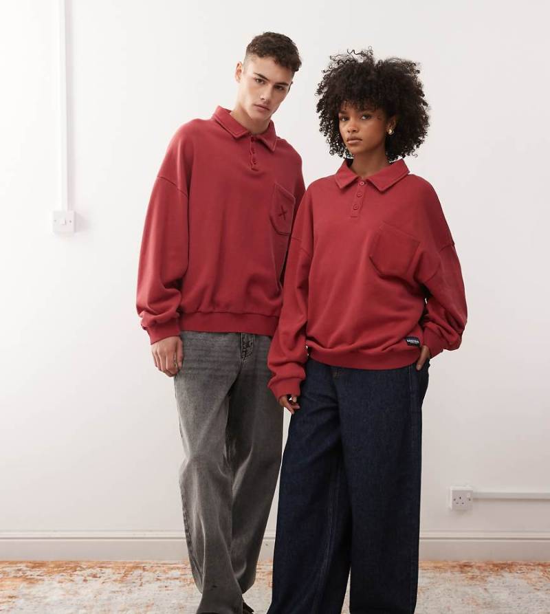 COLLUSION Unisex - Kastenförmiges Polo-Sweatshirt in Rot mit Waschung von Collusion