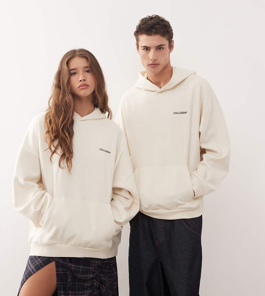 COLLUSION Unisex - Kastig geschnittener Kapuzenpullover in Ecru mit Logoprint-Neutral von Collusion