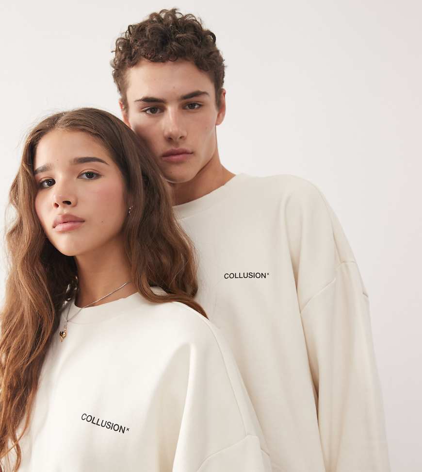 COLLUSION Unisex - Kastig geschnittenes Sweatshirt in Ecru mit Logoprint-Neutral von Collusion