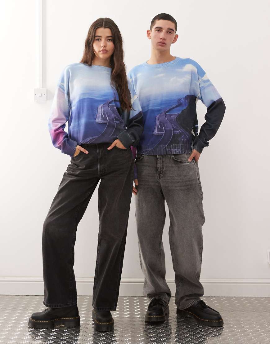 COLLUSION Unisex - Kastiger, gerippter Strickpullover mit verwaschenem Print-Bunt von Collusion
