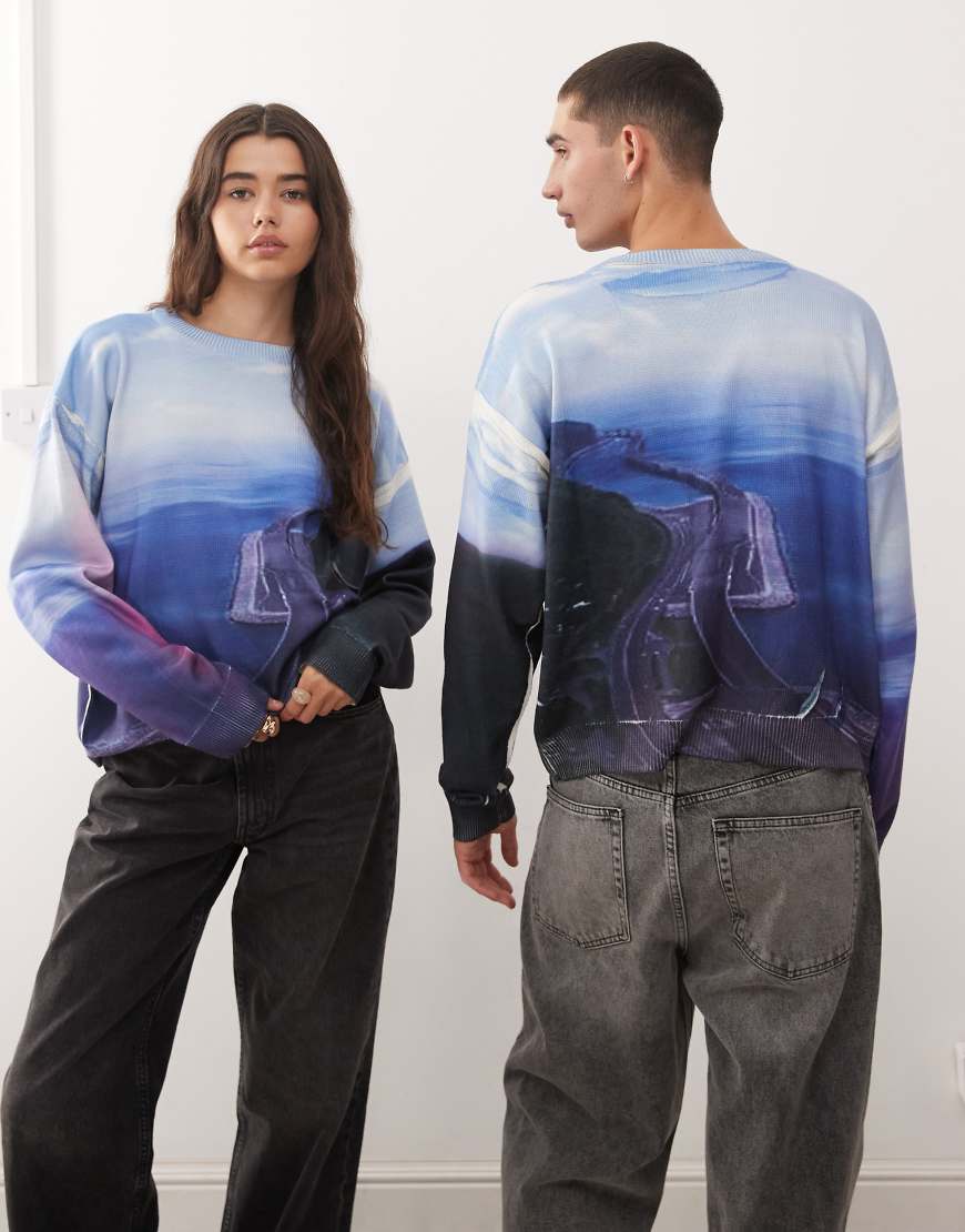 COLLUSION Unisex - Kastiger, gerippter Strickpullover mit verwaschenem Print-Bunt von Collusion