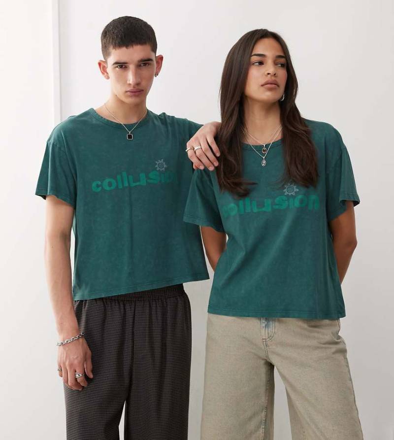 COLLUSION Unisex- Kastiges T-Shirt in verwaschenem Grün mit Print von Collusion