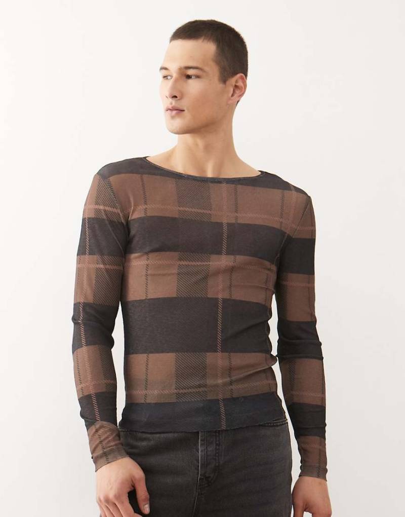 COLLUSION Unisex - Langärmliges, schmal geschnittenes T-Shirt aus Netzstoff mit Karomuster-Schwarz von Collusion