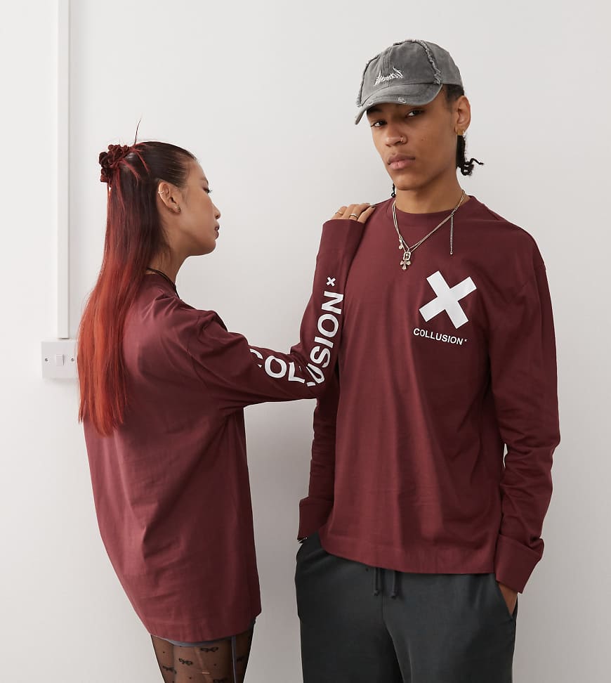 COLLUSION Unisex - Langärmliges Shirt in Burgunderrot mit Logo von Collusion
