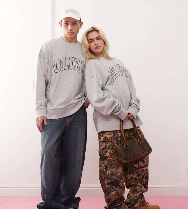 COLLUSION Unisex - Leichtes Oversize-Sweatshirt in Grau meliert mit College-Design von Collusion