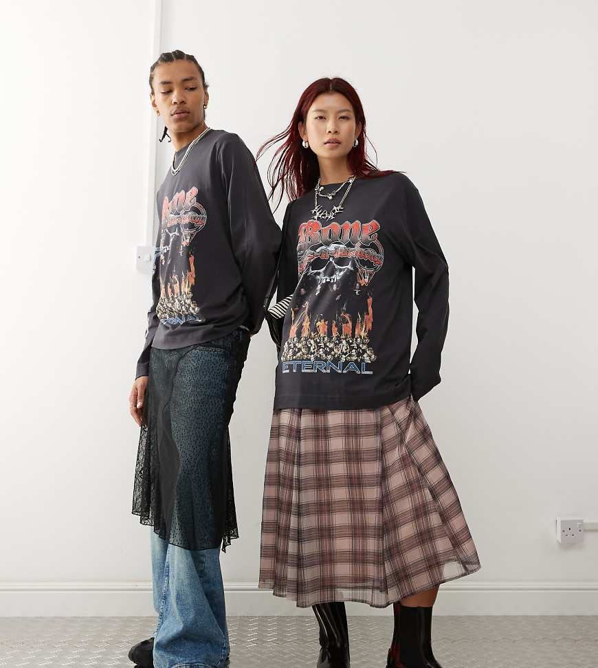 COLLUSION Unisex - Lizenziertes, langärmliges T-Shirt in verwaschenem Schwarz mit „Thugs n Harmony"-Print von Collusion