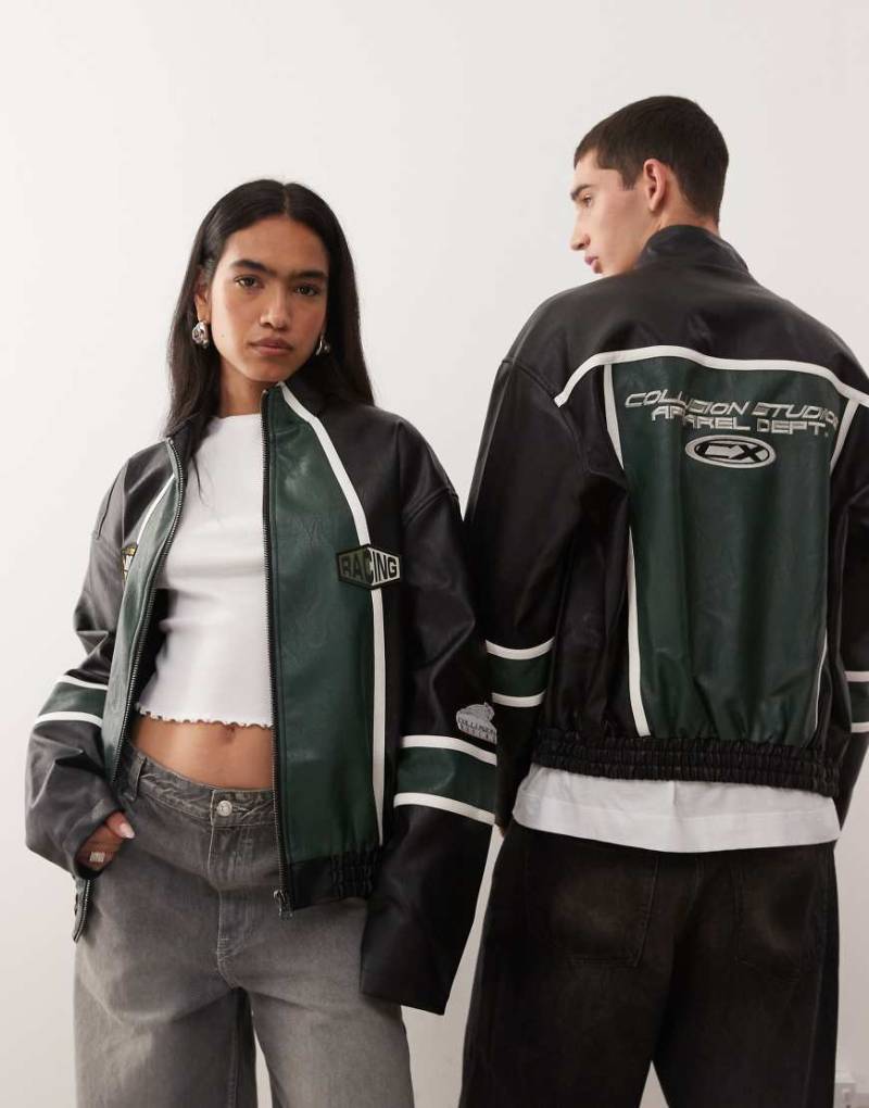 COLLUSION Unisex - Motocross-Bikerjacke mit Aufnähern-Schwarz von Collusion