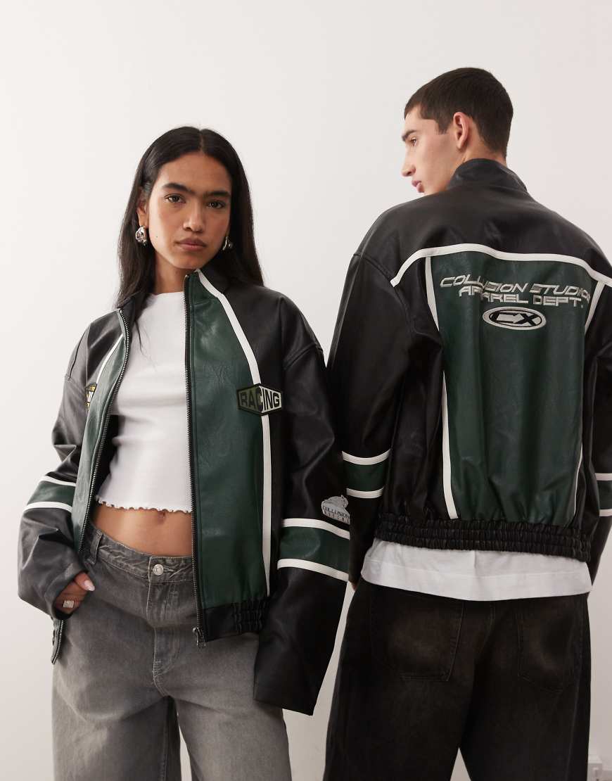 COLLUSION Unisex - Motocross-Bikerjacke mit Aufnähern-Schwarz von Collusion