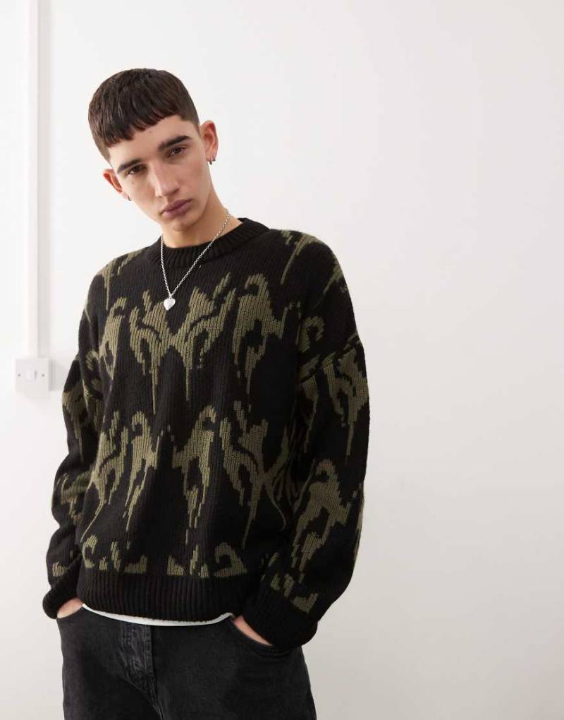 COLLUSION Unisex - Oversize-Strickpullover in Khaki im Jacquard-Design-Grün von Collusion