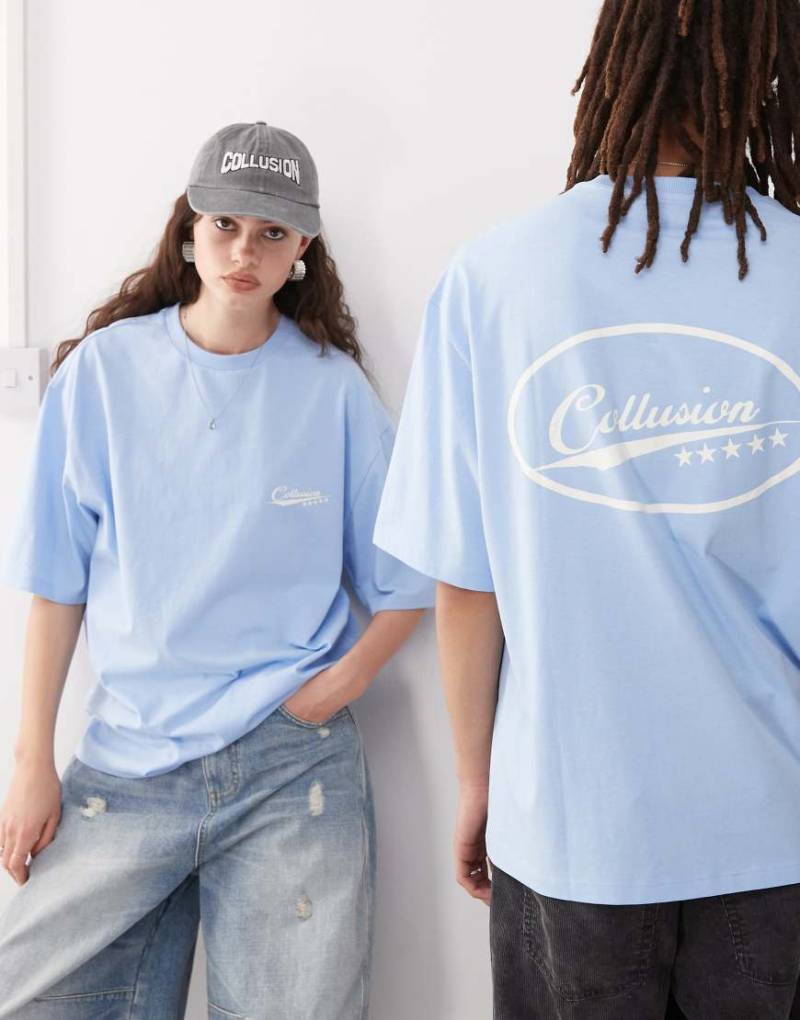 COLLUSION Unisex - Skater Fit T-Shirt in Blau mit Print von Collusion