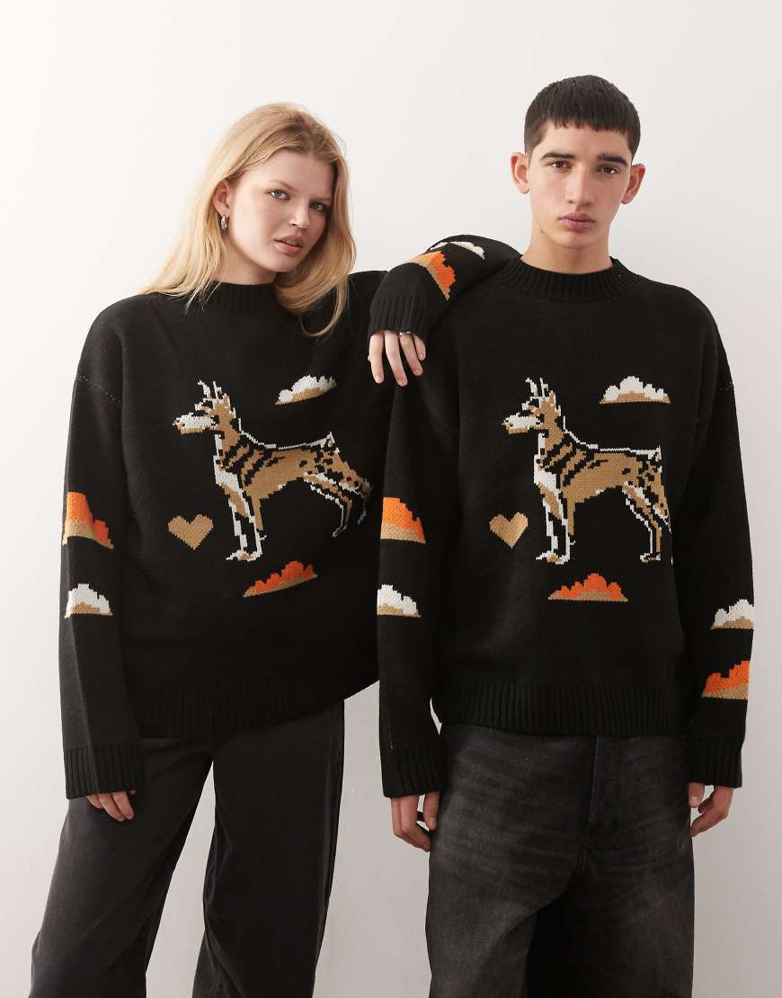 COLLUSION Unisex - Strickpullover mit Pixel-Hundeprint-Bunt von Collusion