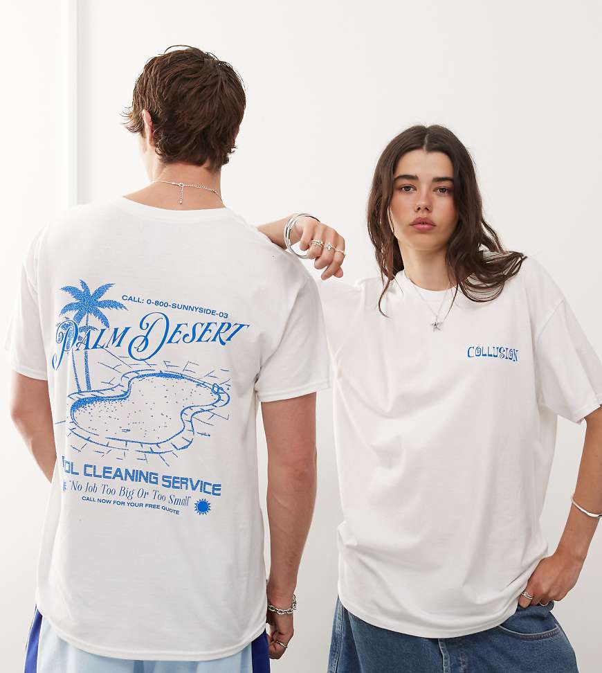 COLLUSION Unisex - T-Shirt in Weiß mit Pool-Print auf dem Rücken von Collusion