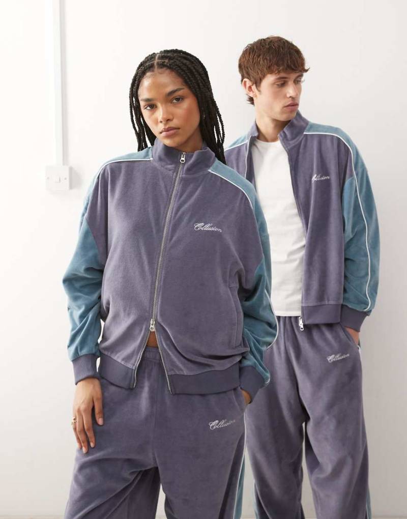 COLLUSION Unisex - Trainingsjacke aus Velours in Lila und Blau-Grau von Collusion