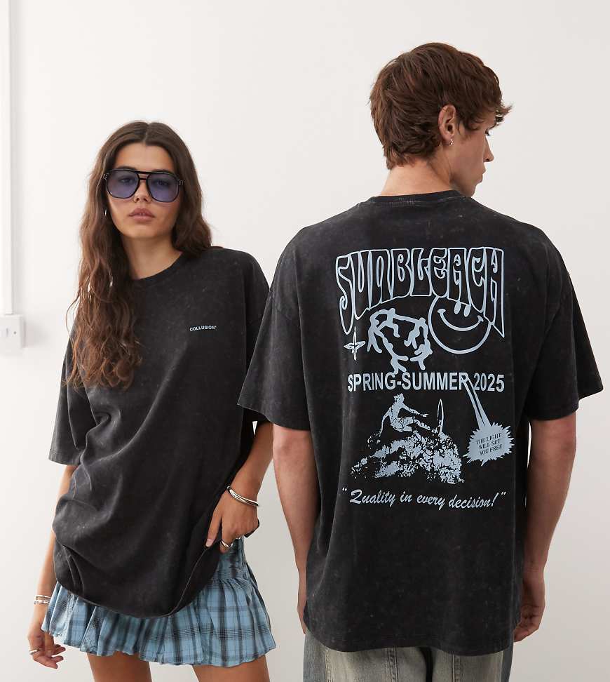 COLLUSION Unisex - Verwaschenes Vintage-T-Shirt mit Rückenprint-Schwarz von Collusion